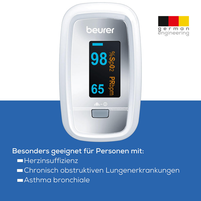 Beurer PO 30 Pulse Oximeter, Measure Oxygen Saturation (SpO₂) and Heart Rate (Pulse), Finger Oximeter with Colour Display, Painless Use on Finger, 6.1 x 3.6 x 3.2 cm, White gray Single