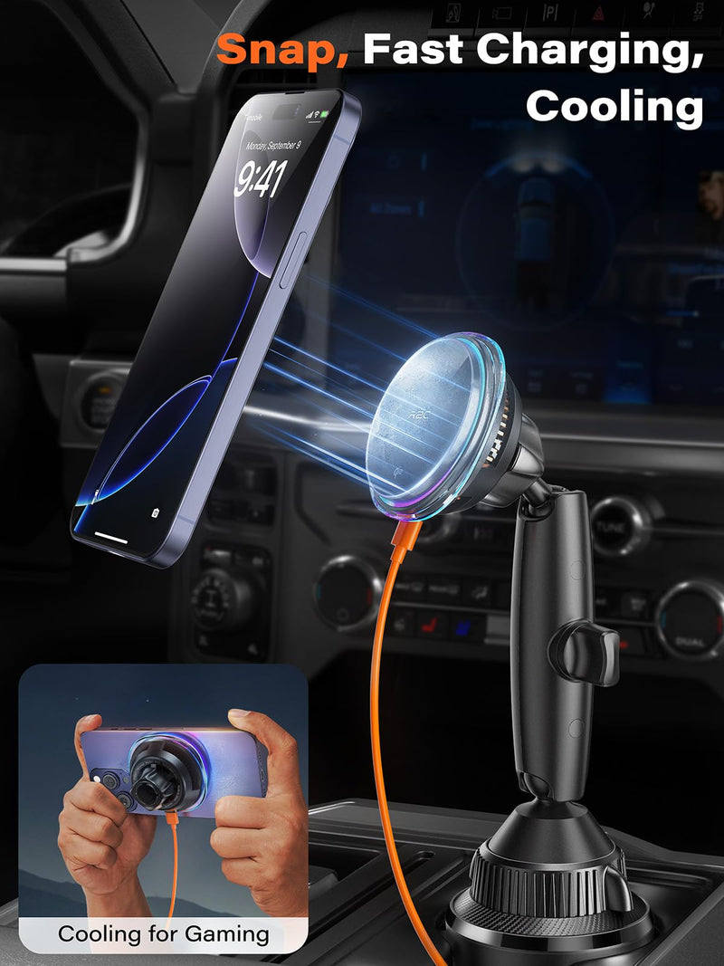 A2C for Qi2 Cup Holder Charger 15W Wireless MagSafe Car Mount with Semiconductor Cooler Fast Charging Fits for iPhone 16 15 14 13 12 Series, for Magnetic iPhone Car Accessories