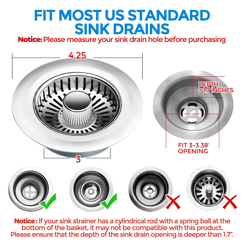 Upgraded 3 in 1 Kitchen Sink Drain Strainer & Sink Stopper, Stainless Steel Kitchen Drain Plug & Sink Installation Parts with Anti-Clogging Basket, Fit US Standard 3-1/2'' Sink Drain Hole Brushed Silver