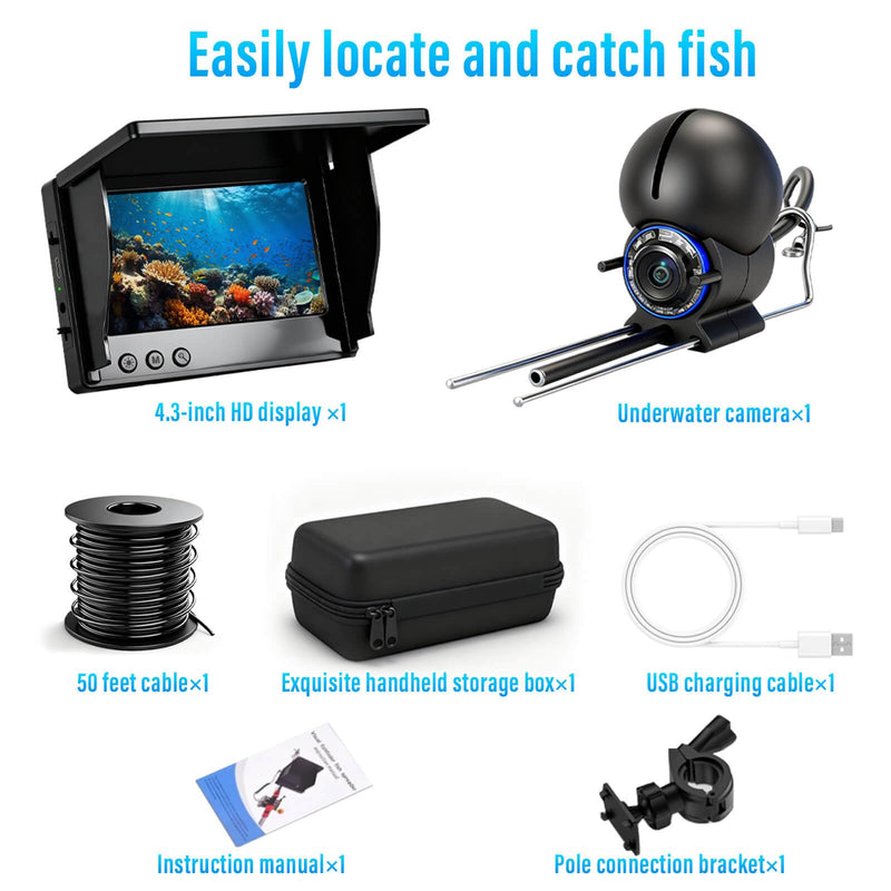 Fishing Camera, 220° Ultra-Wide 1080P HD Underwater Fishing Camera with 4.3" LCD & IR Night Vision, 50ft Cable for Ice Lake Boat Kayak Fishing Black