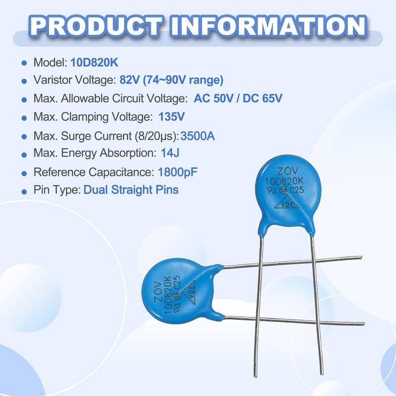 QUARKZMAN 12-piece Varistors 10D820K AC50V DC65V Round Varistor Blue | 10.5mm Diameter Radial Lead Disc Varistor, for Resistive Power Supply Industrial Plants
