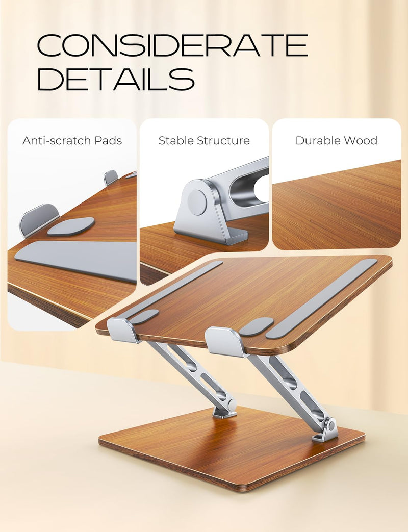 Ergonomic Laptop Stand, Wood & Aluminum Computer Stand with Adjustable Angle, Foldable Dual-Bar Laptop Riser Holder Stand for Desk, Compatible with MacBook, Dell, HP 10-16" (Royal Teak Grain)