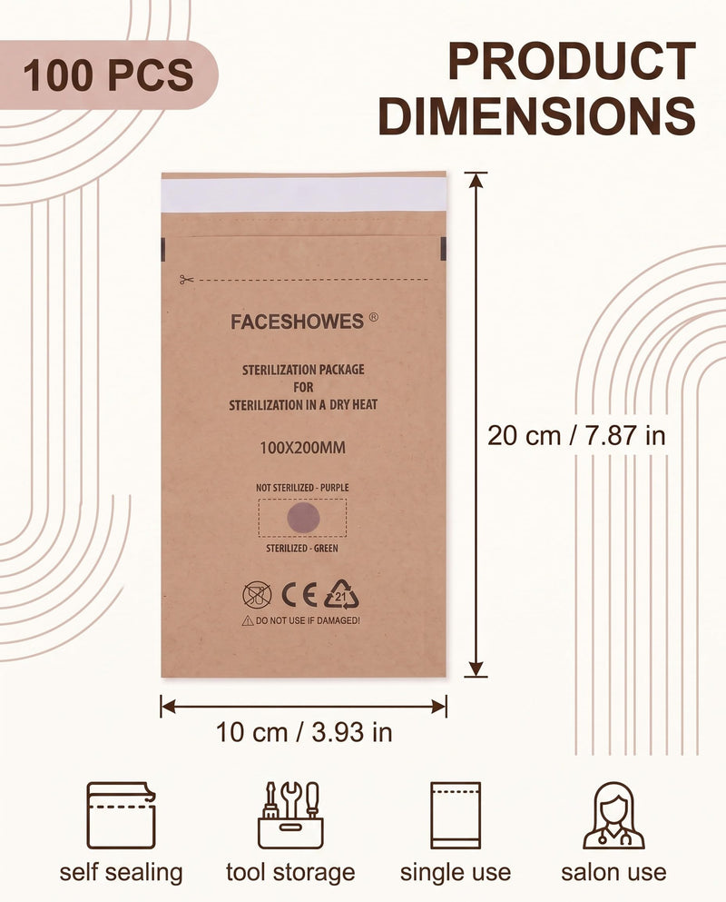 Kraft Paper Sterilization Bags - Pack of 100 (100 x 200 mm) | Self Sealing Sleeves for Nail & Manicure Tools | Germs & Moisture Protection