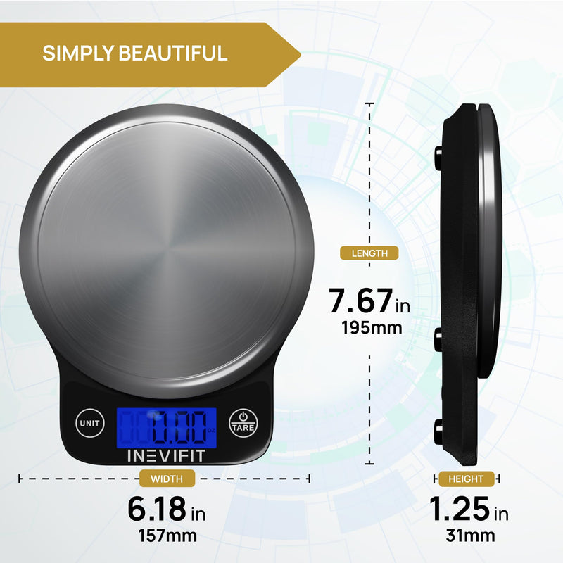 INEVIFIT Digital Kitchen Scale, Highly Accurate Multifunction Food Scale 13 lbs 6kgs Max, Clean Modern Black with Premium Stainless Steel Finish. Includes Batteries Black and Stainless Steel
