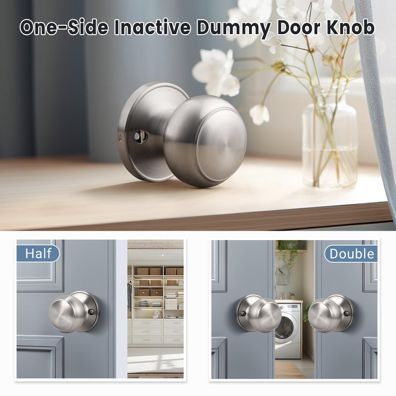 KNOBWELL 4 Pack Non-Turning Dummy Door Knobs Interior - Satin Nickel, Keyless Closet Door Knobs for French Doors，Single Side