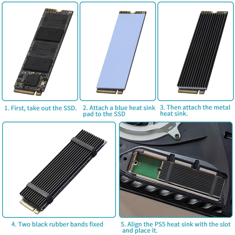 ELUTENG PS5 M.2 Heatsink 4PCS NVMe Heatsink with 4 Thermal Silicone Pads 2280 SSD Heatsink with 8 Black Rubber Straps for PC/PS5 M.2 PCIE NVMe SSD or M.2 SATA SSD