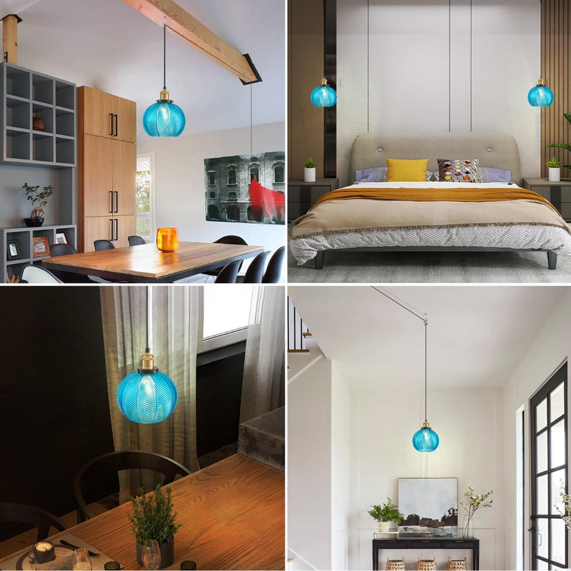 Blue Glass Plug-in Pendant Light,Farmhouse Hanging Lights with in Cord Globe Glass Hanging Lamp with a Switch Wire for Dining Room Bedroom Kitchen Island E26 Blue-Plug in 1Pcs