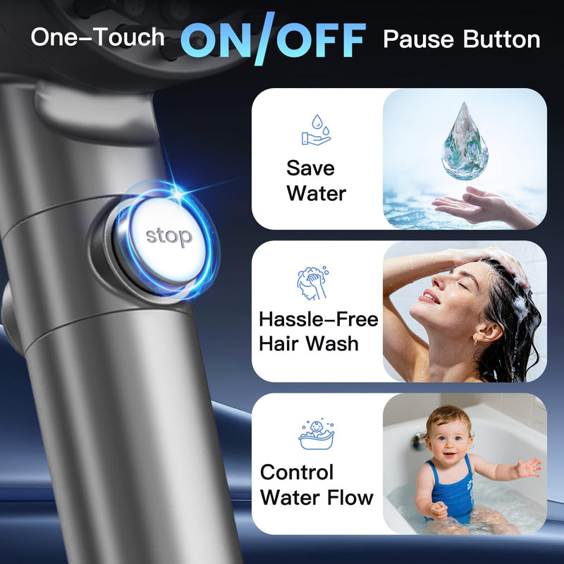 Vatex Filtered Shower Head with Handheld, High Pressure 4 Spray Showerhead with ON/OFF Switch, Shower Heads with 2 Filters for Hard Water Remove Chlorine, Reduce Dry Itchy Skin, Gray