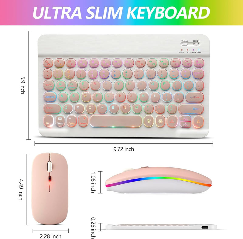 2 Pack Ultra-Slim Bluetooth Keyboard and Mouse Portable Rechargeable 7-Color Backlit for Apple iPad iPhone Samsung Tablet iPhone Smartphone iOS Android Windows Round keys(Black+Pink) black+pink