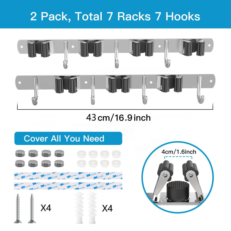 WECUTE Broom Holder Wall Pack of 2 Device Holder Hook Rack Broom Holder Garden Tool Holder Garden Tools (Stainless Steel) Black
