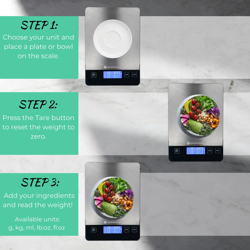 Digital Kitchen Scale – Accurate 33lb Food Scale, Measures in Grams & Ounces, USB Rechargeable, Tare Function, 5 Units – Ideal for Cooking, Baking & Meal Prep