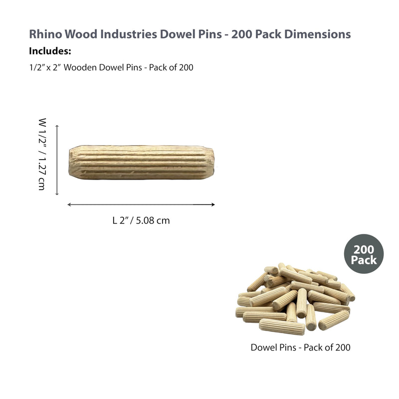 1/2" x 2" Wooden Dowel Pins, 200-Pack – Birch Hardwood, Kiln-Dried, Fluted & Beveled (1/2" x 2", 200pk) 1/2" x 2"
