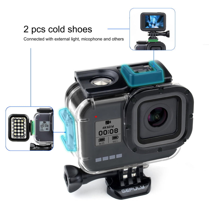 60M/196FT Waterproof Housing Case for GoPro Hero 8 Black, Dual Cold Shoe Slots Protective Underwater Diving Housing Shell for GoPro Hero 8 Black Action Camera