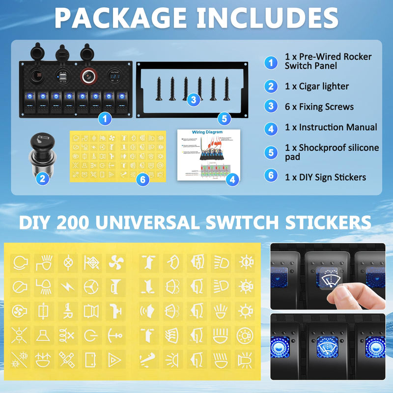 Geloo 8 Gang Marine Rocker Switch Panel, Boat Switch Panel Waterproof, 12V Switch Panel Toggle Switches Panel with LED Circuit Breaker 3.1A USB Charger Voltmeter ON/Off for Car Rvs Vehicles (Blue) Blue