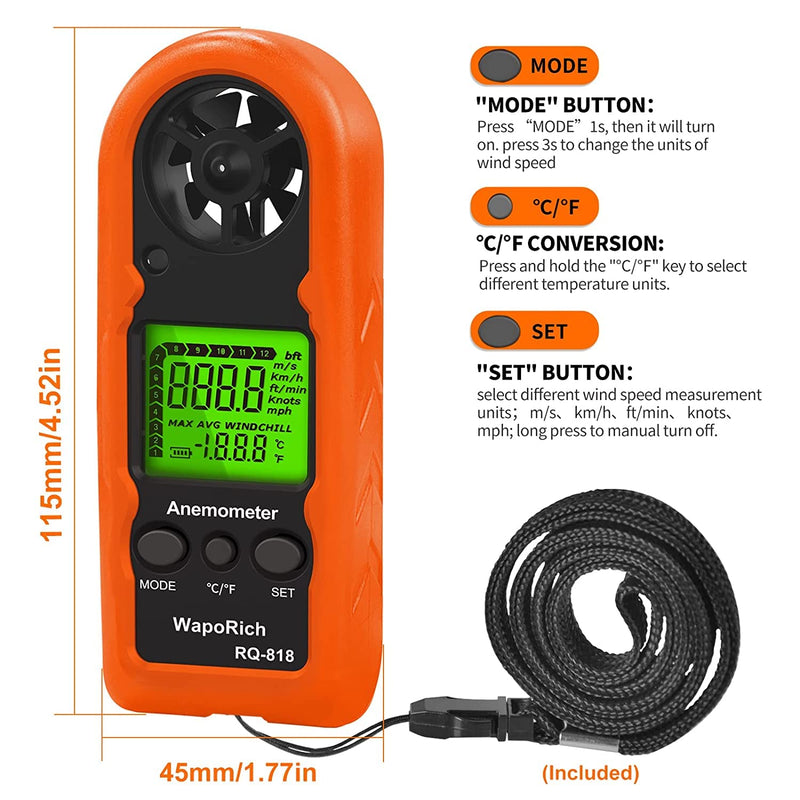 Handheld Wind Meter WapoRich RQ-818, Digital LCD Backlight Wind Speed Meter Mini Wind Meter for Measuring Wind Speed/Temperature Portable Wind Meter for Surfing RQ-818 Mini Wind Meter
