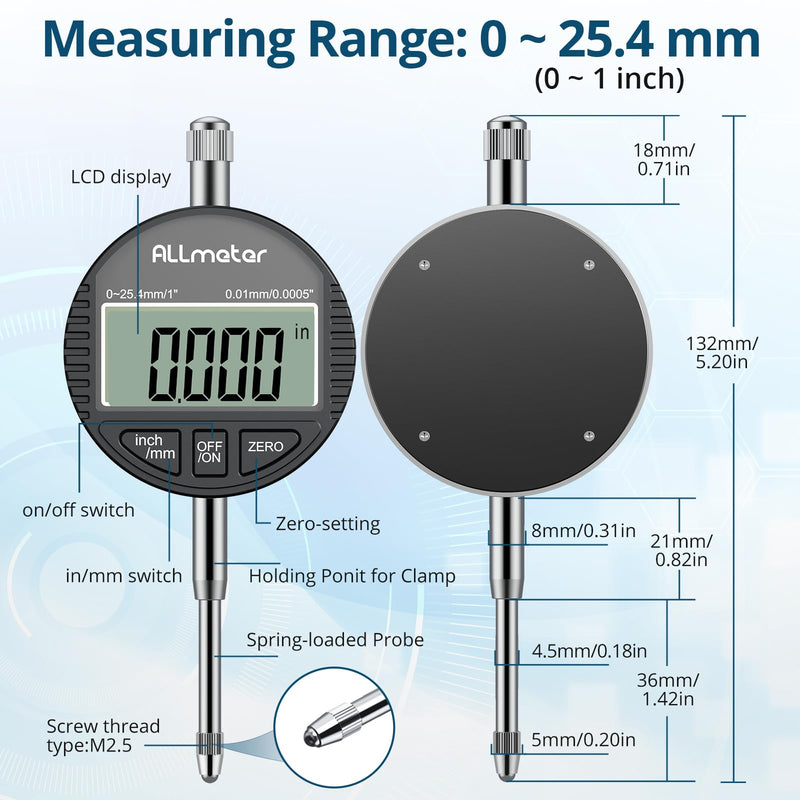 DTI Digital Dial Indicator, 0.01mm/0.0005" Resolution, 0-25.4mm/1" Measuring Range, Electronic Probe Indicator with LCD Display, Switchable mm/inch, Zero Setting Black 0.01/.0005''