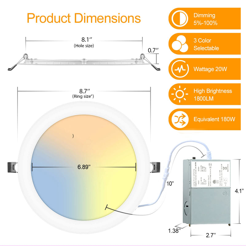 LZHOME 2 Pack 8 Inch LED Recessed Light- Ultra-Thin Recessed Ceiling Lighting with Junction Box, 3000K/4500K/6000K Selectable, 1800LM High Brightness, Dimmable Canless Downlight Fixtures 2 Packs 3CCT-3000K/4500K/6000K