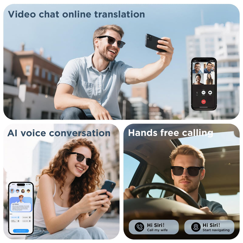 Ai Smart Sunglasses, Translation Glasses with UV400/ Bluetooth Speaker/110+Languages/Voice Control/AI Chat & Hands-Free Calling,Smart Glasses for Men/Women, Travel&Work(Black)