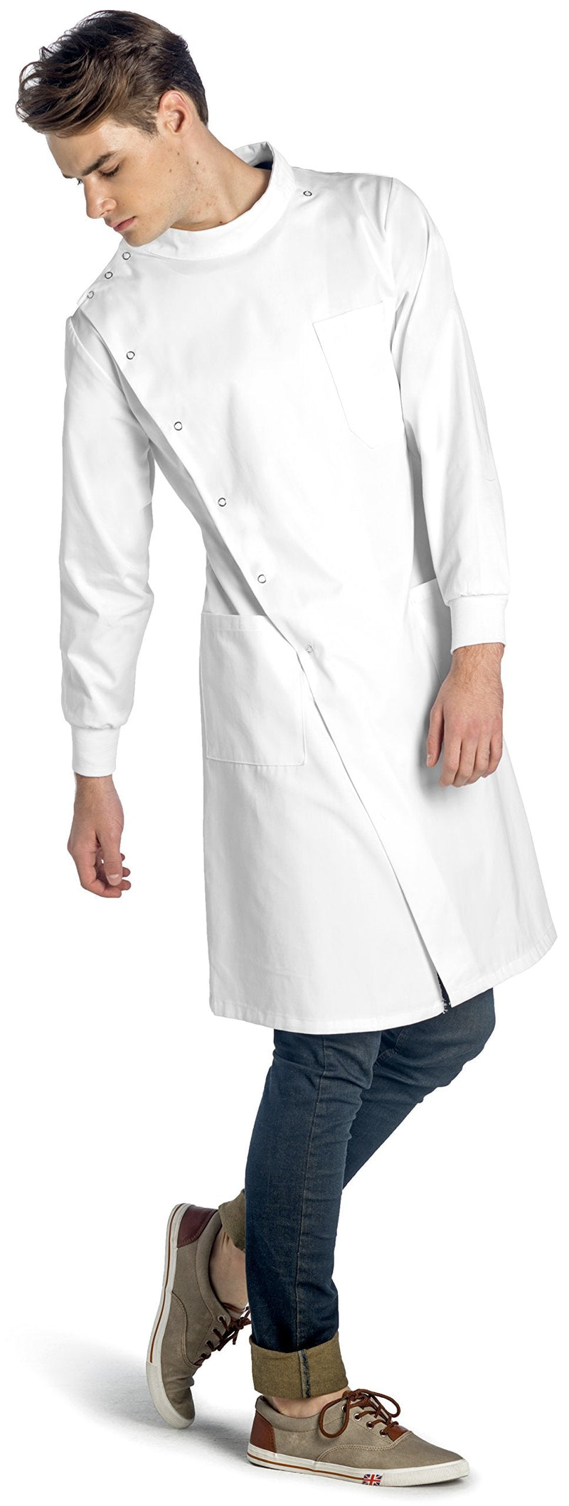 Dr. James Unisex Howie Style Lab Coat – White Medical Coat, Classic Fit, Cuffed Sleeves, Snap Closure, Full Coverage Design L (Men L / Women XL)