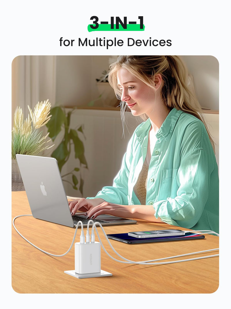 UGREEN 65W USB C Charger, 3 Ports Compact Foldable Fast Wall Charger Block, USB C Power Adapter for MacBook Pro/Air, iPhone 16/15/14, iPad Pro, Dell XPS, Steam Deck, Galaxy S24, Pixel 8/7
