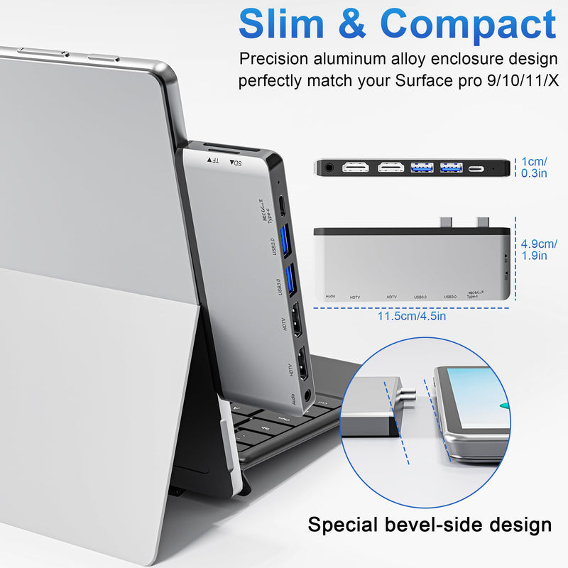 Surface Pro 9/10/11/X Docking Station, Quad Display Surface pro 11 USB Hub with Dual 4K@60Hz HDMI, USB-C (4K@60Hz Video+40Gbps Data+100W Charge), 2 USB3.0, SD/TF, 3.5mm Mic for Surface Pro 11/10/9/X For Surface Pro 9/10/11/X