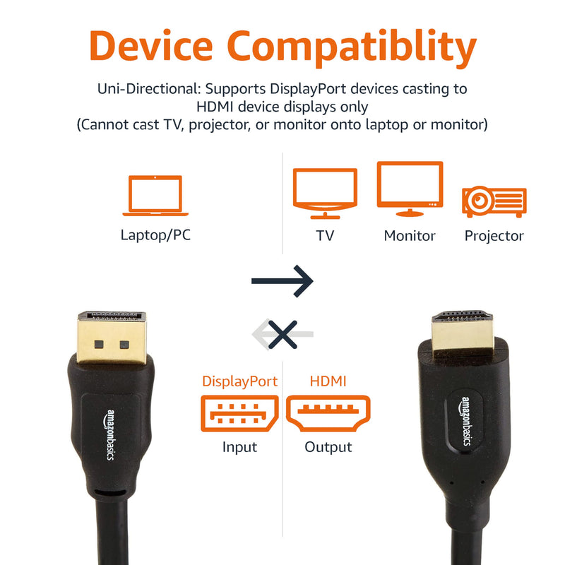 Amazon Basics DisplayPort to HDMI Cable, Uni-Directional, 1080p, 1920x1200, 4K@60Hz, Works with DisplayPort Enabled Desktops and Laptops, Connect to HDMI Displays, 6 ft, Gold-Plated Plug, Black Negro 6 Feet (Pack of 2)