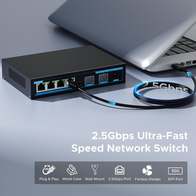 4-Port 2.5Gb PoE Switch add 2-Port 10Gb SFP+, TEROW 6 Ports 2.5G POE+ Switches Base-T & 2*10G Ethernet, New version-IEEE802.3af/at, up to 30W, Desktop/Wall Mount, Ideal for AP, Home,Gaming,Office 6-Port |4 x 2.5G Poe+2 x 10G SFP