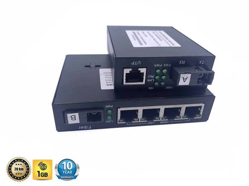 Elfcam 2 Pieces Converter Fibre ethernet, Media Converter up to a Distance of 20 km to Optical SC Mono Mode, with Adapter 10/100/1000 Mbps (1 RJ45 Port *4 RJ45 Port) 1 RJ45 Port *4 RJ45 Port