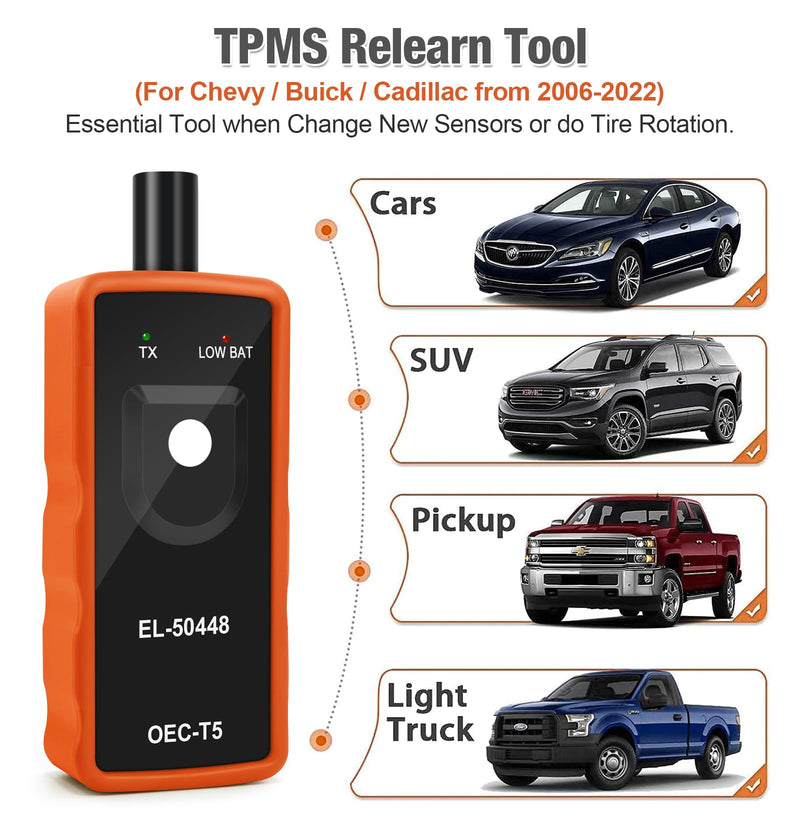 JDIAG EL-50448 TPMS Relearn Tool for Auto Tire Pressure Monitor System Sensor Activation TPMS Reset Tool OEC-T5 for Buick/Chevy/Cadillac Series Vehicles 2024 Edition Orange