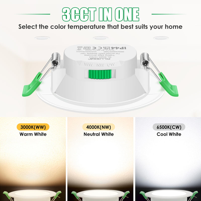 ALUSSO LED recessed spotlight 230V dimmable 68mm 7W ultra flat IP44 LED spots warm white neutral white cold white ceiling spots for bathroom kitchen living room, white, set of 6 round white