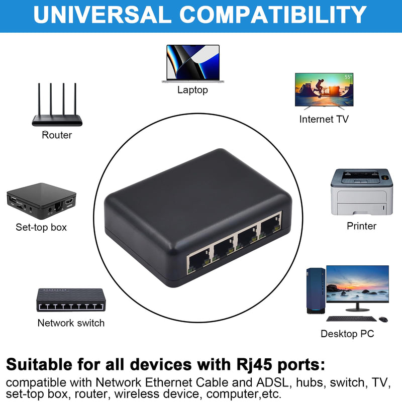 Poyiccot RJ45 Ethernet Splitter 1000mbps, High Speed Ethernet Splitter 1 to 4, Gigabit RJ45 Network Adapter with USB Power Cable for Cat5, Cat6, Cat7 [4 Devices Simultaneous Networking] Black RJ45 1 to 4