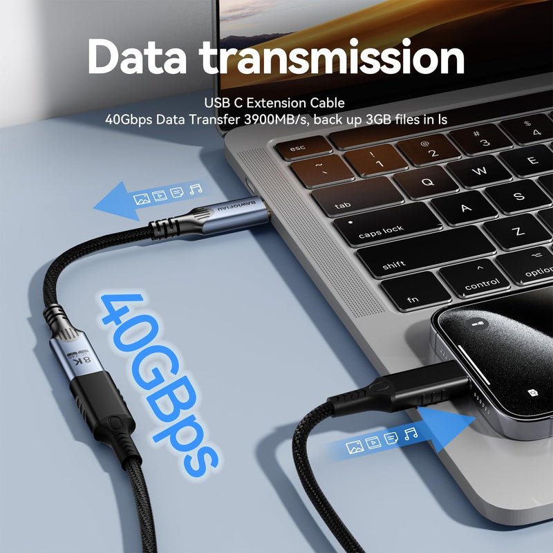 Long 10FT usb c to usb c Extension Cable Compatible with Thunderbolt 4, high Speed 40gbps Data Transfer,USB4 type c Male to Female Extension Cable,240W Fast Charging,8K@60Hz 4K@120Hz Video Display. 10 ft