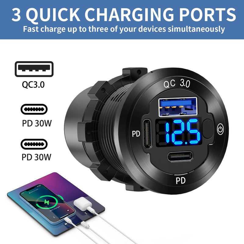 2 PACK 12V USB Car Socket Round USB C 12V Outlet, 3-Port Marine USB Fast Charger Waterproof Cigarette Outlet USB Replacement Aluminum with Switch & Voltmeter, Suitable for Boat Golf Cart RV Motorcycle