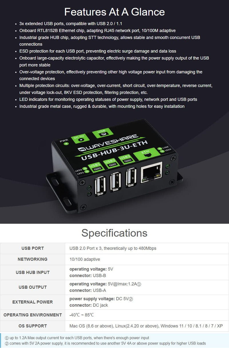 Waveshare Industrial Grade Multifunctional USB HUB Extending 3X USB Ports + 100M Ethernet Port Suitable for Industrial/Office Environments Requiring Higher Level Device Without Power Supply