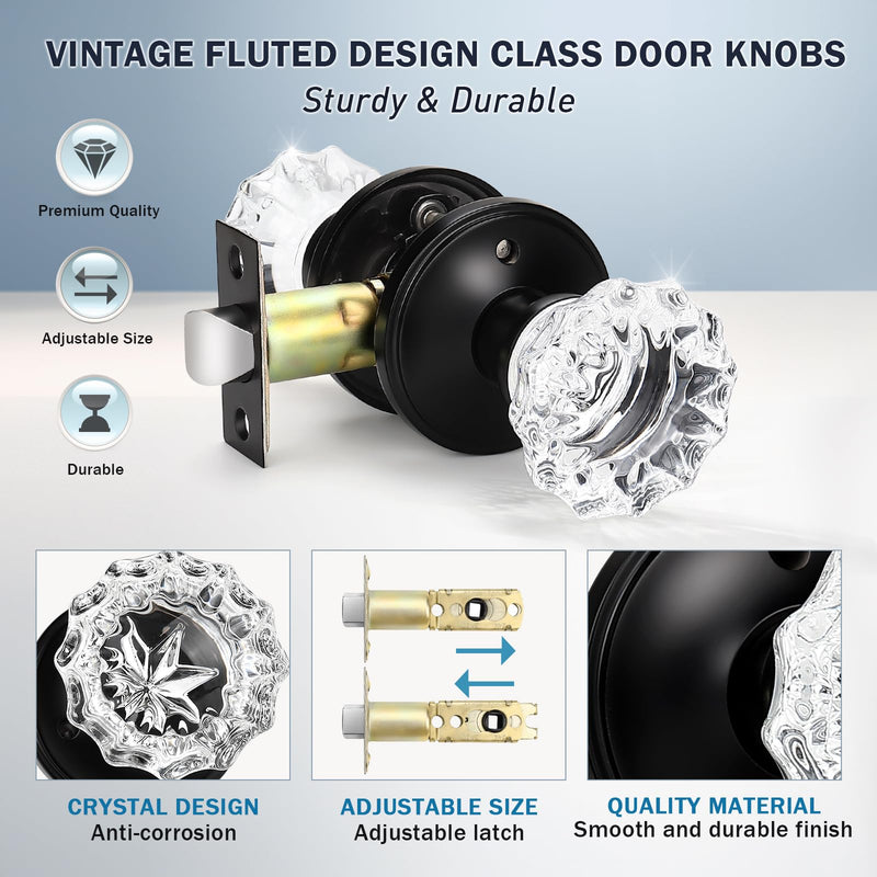 KNOBWELL Modern Round Crystal Door Knobs with Lock, Frosted Glass Door Knobs Interior, Privacy Function for Bed and Bath, Matte Black Door Lock 1 Pack