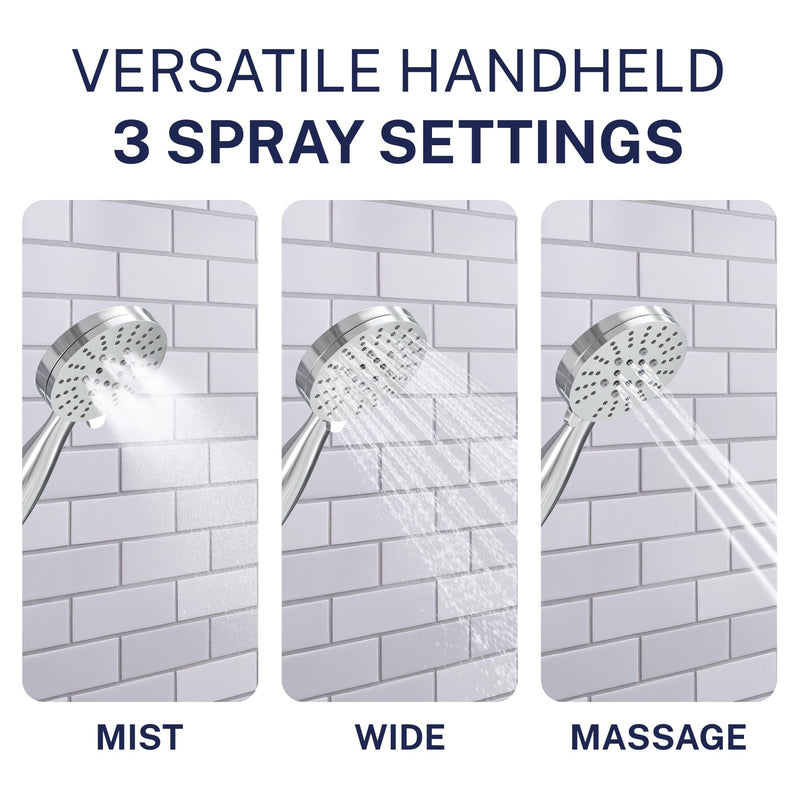 HammerHead Showers® Solid Metal 3-Spray Hand Held Shower Head, Chrome | Select from Wide, Massage, and Mist Sprays | 2.5 GPM High Flow Handheld Showerhead | Made from 304 Stainless Steel