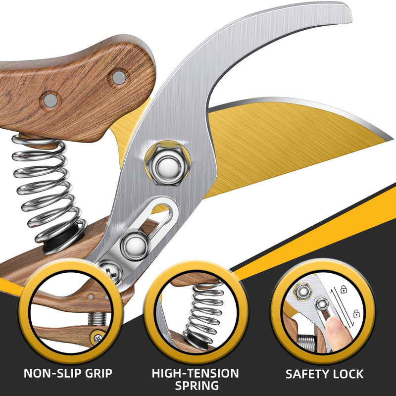 8.5" Professional Bypass Pruning Shears – Heavy Duty Garden Scissors & Clippers for Wood & Tree Trimming, Ultra Sharp SK5 Blade, Ergonomic Handle, Perfect Gardening Gift, 2025 Wood-Like Finish WoodGrain
