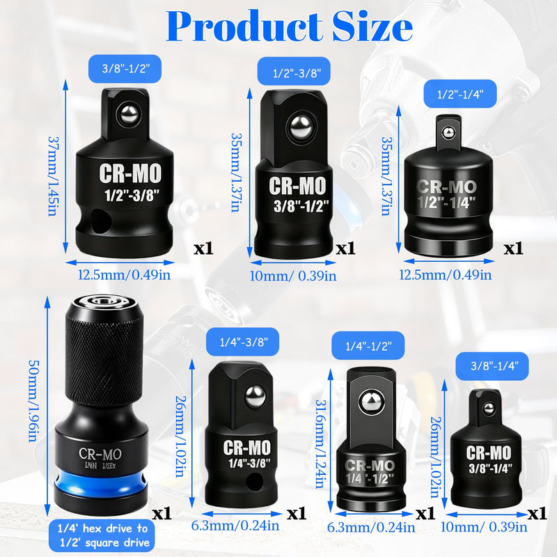 Ratchet Adapter Set Made of Chrome Vanadium Steel | Nut Adapter for Repairs Impact Wrench Accessories with 1/2 3/8 1/4 Connection and Safety Ball