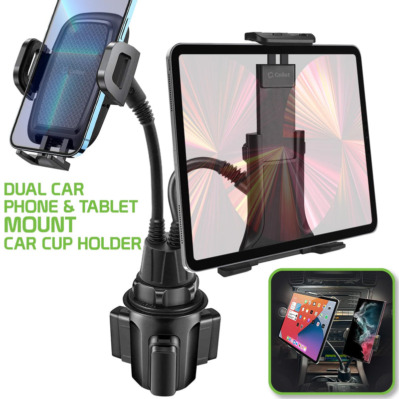 Phone Holder Mount for Car Cup Holder Slot – Flexible Gooseneck Mount with Dual Cradle Phone Holder and Tablet Holder - Hands Free Universal Fit All Black Color Adjustable Stand - Two Cradles