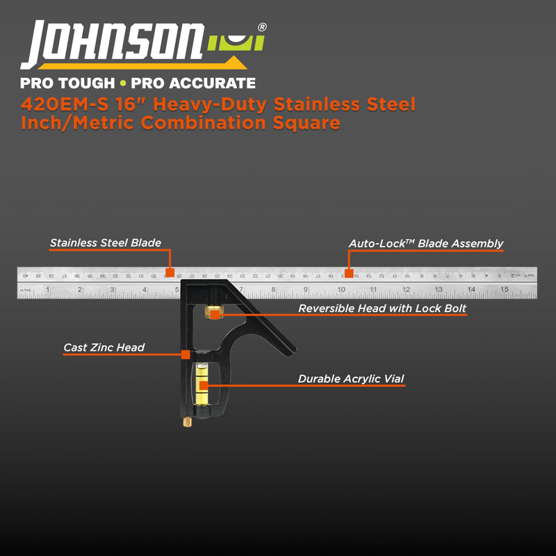 Johnson Level & Tool 420EM-S Heavy Duty Professional Inch/Metric Metal Combination Square, 16", Silver, 1 Square Inch/Metric Stainless Steel Combination
