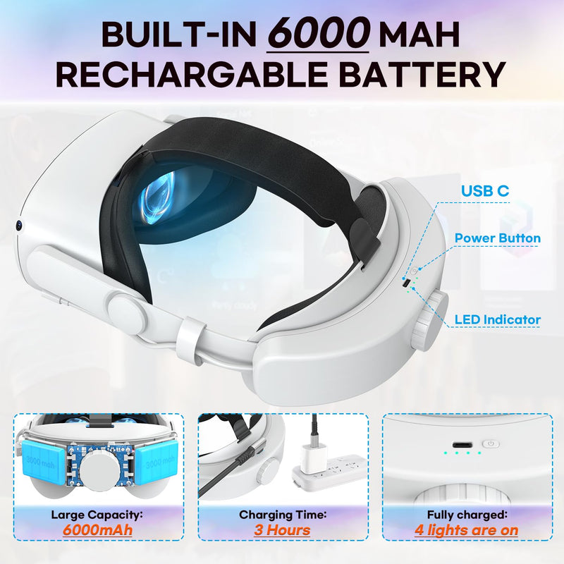 Head Strap Compatible with Oculus Quest 2,Meta Quest 2 Accessories Adjustable Elite Strap Replacement for Enhanced Comfort Support and Gaming Immersion in VR (6,000mAh Battery)