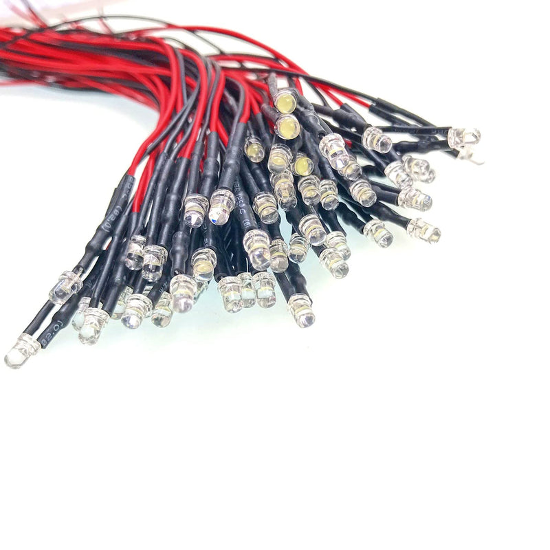 JZK 50 pieces 12V 3mm white LED diodes with wire, LED diode light 3mm, ultra bright 12V light diodes 3 mm with 20cm cable