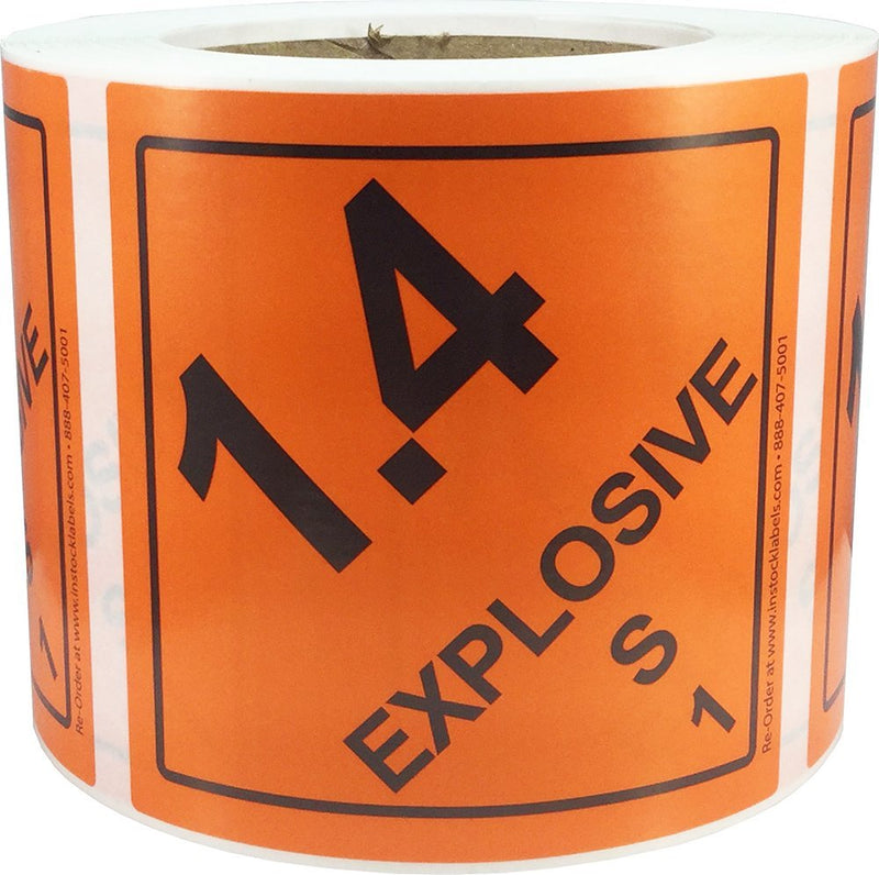 Hazard Class 1 D.O.T. Explosives 1.4S Labels, 4 x 4 Inch Square Orange and Black Hazmat Stickers, 500 Total Adhesive Labels on a Roll for Shipping and Compliance – Made in the USA