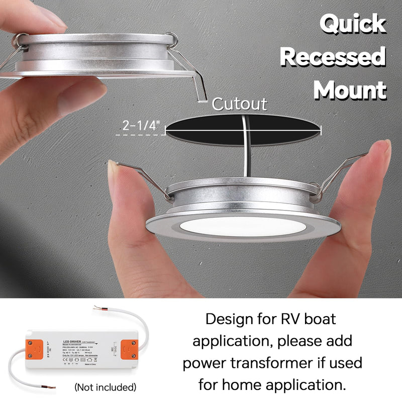 acegoo RV 2.75" Recessed LED Ceiling Light 12V Ultra-Thin Puck Light, Dimmable RV Lights Interior for Camper Van Truck Motorhome Boat Sailboat Roof Under Cabinet Lighting, 6 Pack (Silver,Warm White) Silver Finish Warm White