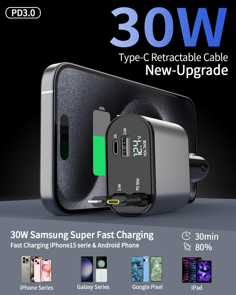 Retractable Car Charger, 4 in 1 Fast Car Phone Charger 66W, 2 Retractable Cables and USB Car Charger,Compatible with iPhone 15/14/13/12/11,Galaxy,Pixel