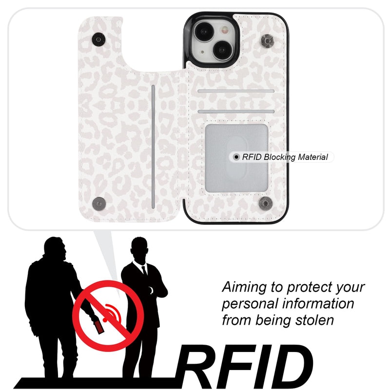 HAOPINSH for iPhone 15 Wallet Case with Card Holder, Floral Flower Pattern Back Flip Folio PU Leather Kickstand Card Slots Case for Women Girls, Double Magnetic Clasp Cover 6.1" (White Leopard) White Leopard