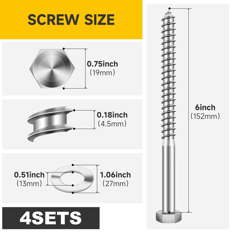 (4Sets) 1/2" x 6" Hex Head Lag Bolts, Heavy Duty Lag Screws with Washers, 304 Stainless Steel Bolts 18-8, Lag Screws Wood Screws, Partial Thread Bright Finish, 1/2 Bolt by Mywish 1/2 x 6" (4 set)