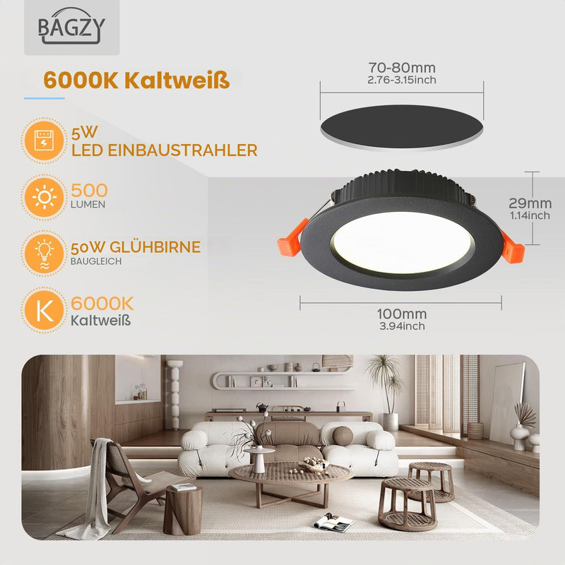 BAGZY LED Recessed Spotlights 220 V Black Spotlights Flat 5 W 500 Lumen Set of 5 Cool White 6000 K Cut-Out 70-80 mm CRI 80 Recessed Ceiling Spotlight for Bedroom Bathroom Living Room 5W+5 Stück