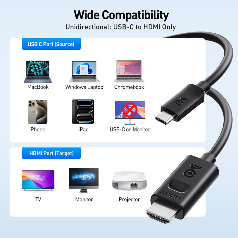 Cable Matters Unidirectional USB C to HDMI 2.1 Cable - 6ft, Support 4K@240Hz and 8K@60Hz, HDR - Thunderbolt 4, Thunderbolt 5, USB 4 Compatible with MacBook Pro, XPS, ThinkPad - Max 4K 60Hz on macOS 6 Feet
