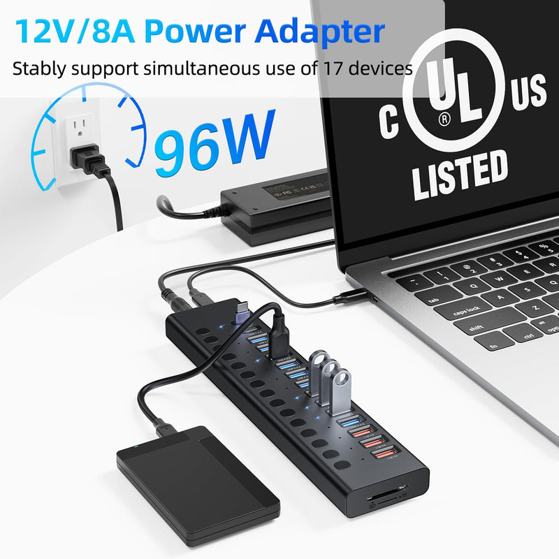 Powered USB Hub 10Gbps, 17 Ports 96W USB 3.2 Hub(10 USB-A 3.2 Ports+3 QC 24W Fast Charging Ports+2 USB-C 3.2 Ports+SD/TF Card Reader), 12V/8A Power Adapter for Laptop, PC, Computer, HDD,Flash Drive Black